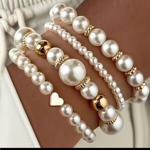 4pcs Elegant Vintage Minimalist CCB Imitation Pearl Beaded Bracelet Set w/Heart